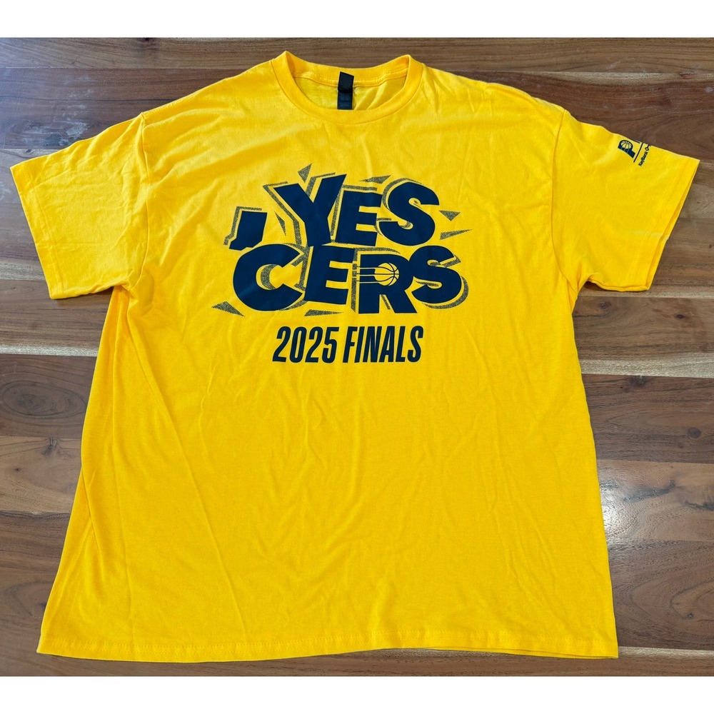 Indiana Pacers 2025 Finals Yes Cers Yellow Graphic T-Shirt Mens XL Cotton Tee